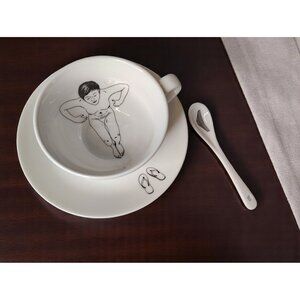 Pols Potten Teacup Saucer Spoon Set, Naughty Undressed Bathing Woman Porcelain